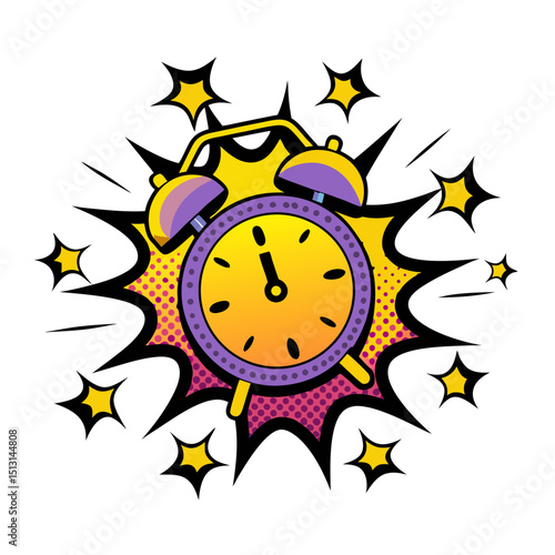 Exploding alarm clock in pop art comic style on transparent background  