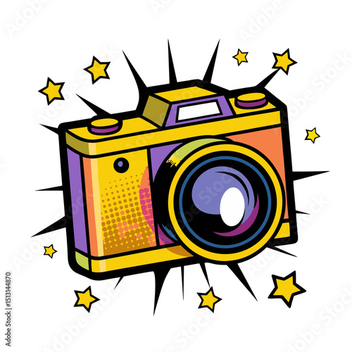 Colorful camera illustration in pop art comic style with stars, transparent background  
