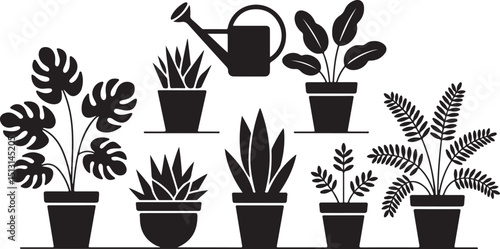 Indoor Plant Shelf Silhouette Set with Watering Can – Decorative Houseplants in Black and White