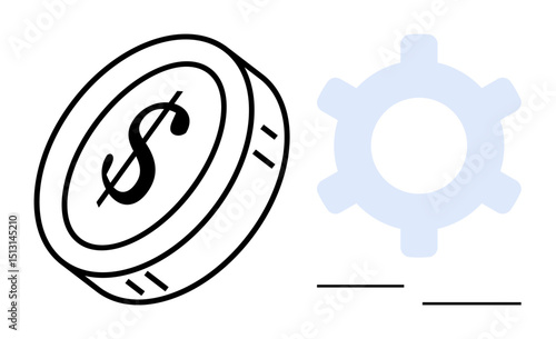 Coin with dollar sign next to gear conveys balance of finance and productivity. Ideal for business planning, workflow, investment, profitability, economy, process management, flat simple metaphor