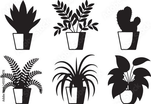 Silhouette Set of Six Potted Houseplants – Modern Indoor Plant Vector Collection