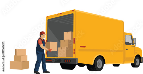 Efficient delivery service concept showcasing a worker unloading boxes from a bright yellow delivery truck, symbolizing logistics, transportation, shipping, and professional cargo handling reliability