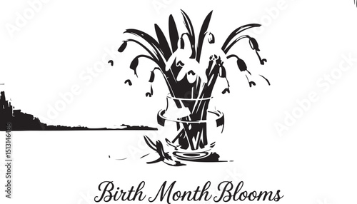 Birth Month Blooms Silhouette – Snowdrop Flower Bouquet in Jar Illustration