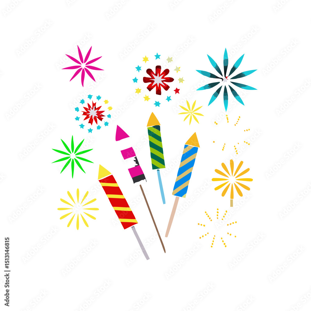 Fototapeta premium Fireworks of various colors arranged on transparent background 
