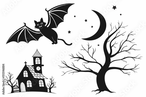 halloween,spooky,haunted house,bare tree,moon,bats,silhouette,dark,monochrome,gothic,vector art
