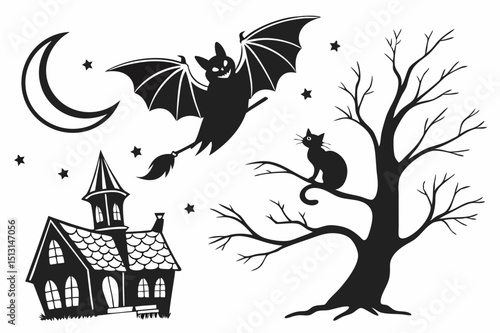 halloween,spooky,haunted house,bare tree,moon,bats,silhouette,dark,monochrome,gothic,vector art
