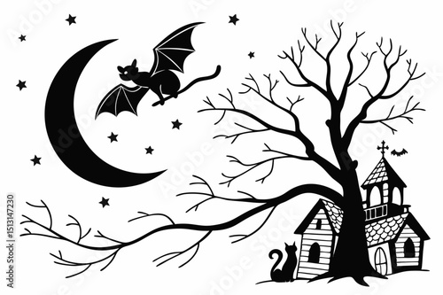 halloween,spooky,haunted house,bare tree,moon,bats,silhouette,dark,monochrome,gothic,vector art
