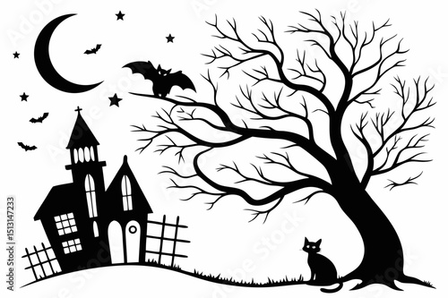 halloween,spooky,haunted house,bare tree,moon,bats,silhouette,dark,monochrome,gothic,vector art
