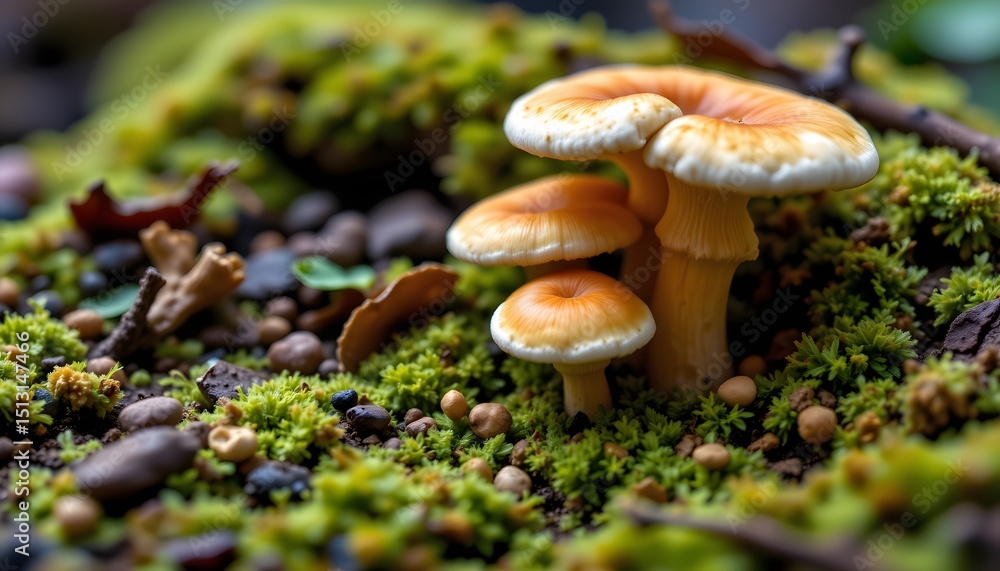 a small collection of mushrooms growing from moss among rocks, giving an impression of wilderness. a small collection of mushrooms growing from moss among rocks, giving an impression of wilderness.