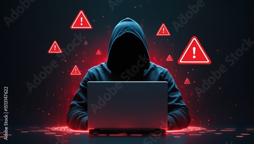 A mysterious figure in a dark hoodie works on a laptop, surrounded by glowing warning symbols, evoking a sense of urgency and alert.