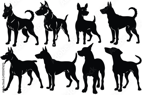 Collection of Eight Dog Silhouettes Elegant Black and White Canine Illustrations