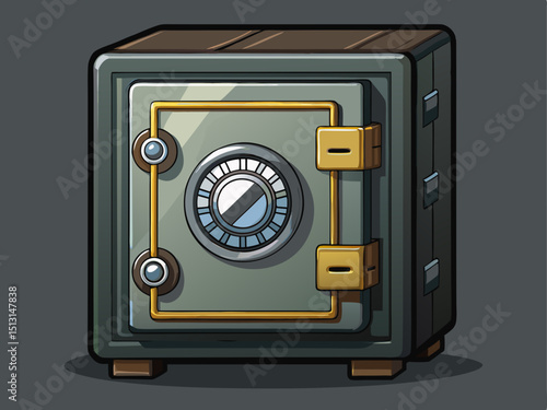 A professional vector of a heavy-duty vault-style safe with reinforced corners and keypad, set on a solid dark gray background