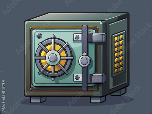 A professional vector of a heavy-duty vault-style safe with reinforced corners and keypad, set on a solid dark gray background