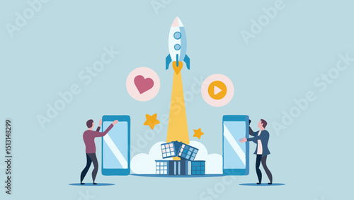 Illustration of a rocket launch with two people holding phones and social media icons around it