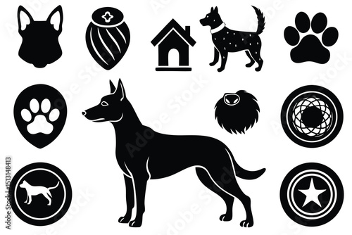 Dog Breed Icons Black Silhouettes of Canine Companions, Paws, Houses, and Toys