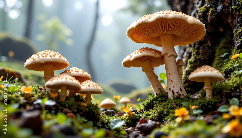 Fototapeta premium a vibrant forest scene where four mushrooms with orange caps are sprouting amidst lush green moss