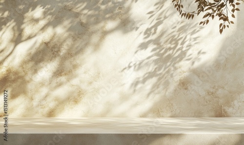 Wallpaper Mural Blank beige brown cement curve counter podium with texture, soft beautiful dappled sunlight, leaf shadow on white wall for luxury organic cosmetic, skincare, beauty treatment product background Torontodigital.ca