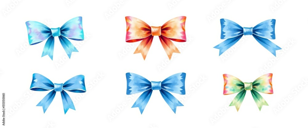 Set of six watercolor blue ribbon bows, various styles and angles, vector illustration, vector, watercolor illustration Set of six watercolor blue ribbon bows, various styles and angles, vector illustration, vector, watercolor illustration