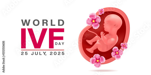 25 July Is World IVF Day. Baby and flower. Great for posters, banners and social media. White background.
