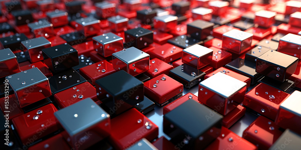 Obraz premium Abstract 3D Render of Shiny Red Black and Silver Cubes with Water Droplets