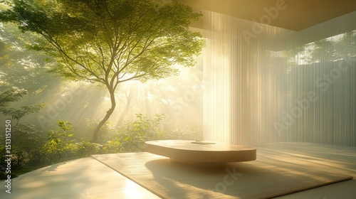 Outdoor Scene with Stone Bench Sunlight and Greenery