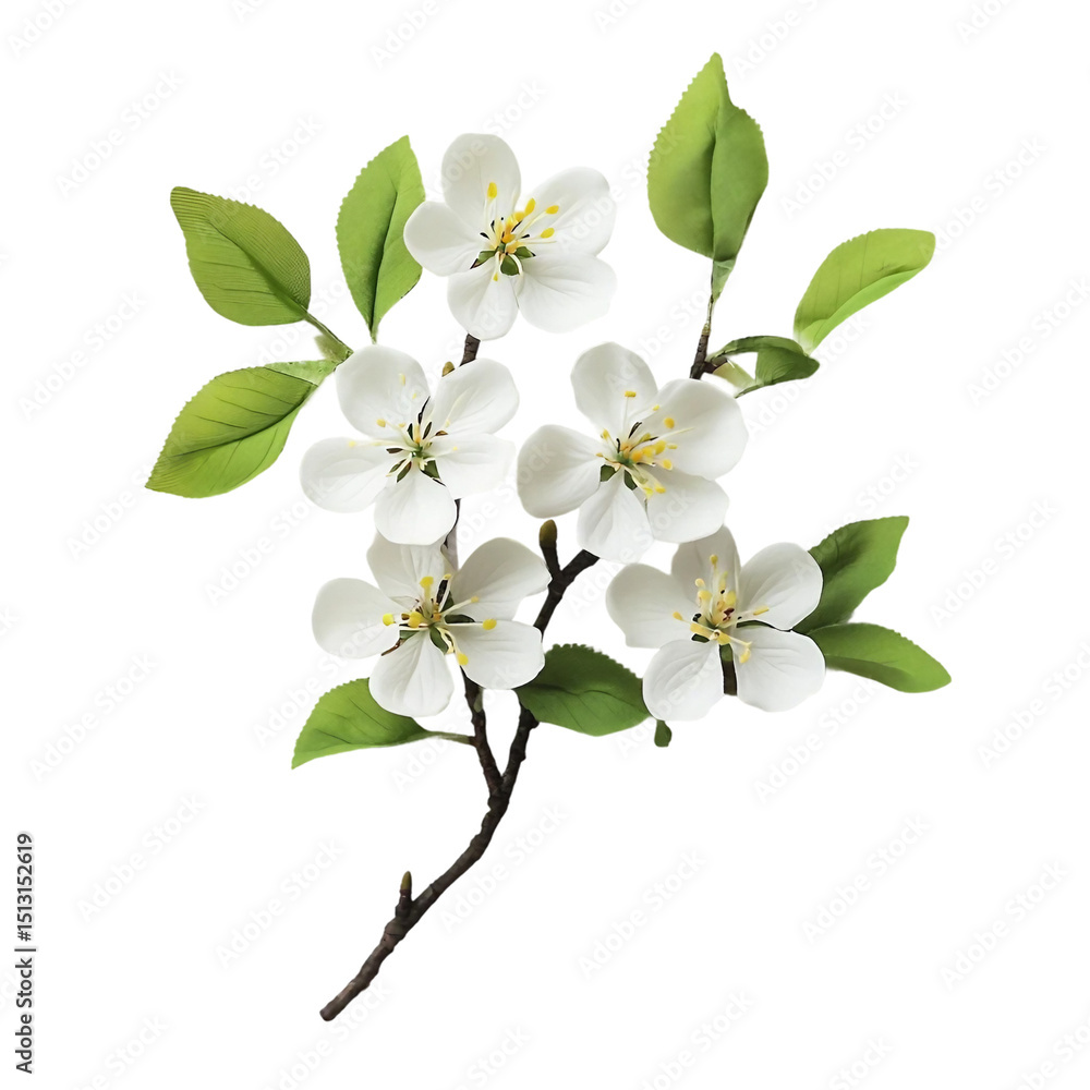 Obraz premium Delicate White Blossoms with Green Leaves on White Background 