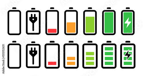 Color vector battery icons showing charge levels from empty to full and charging states. Includes plug and lightning symbols. Perfect for UI, apps, infographics, and tech dashboards.