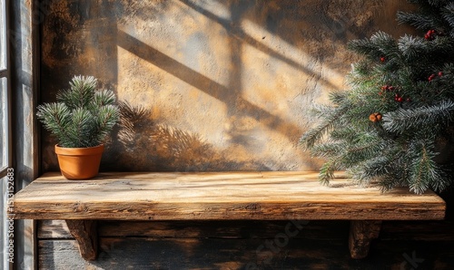 Empty wooden table with christmas theme in background