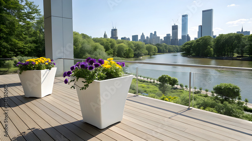 Two white planters sit on a wooden deck, with a scenic view of a river flowing gently below