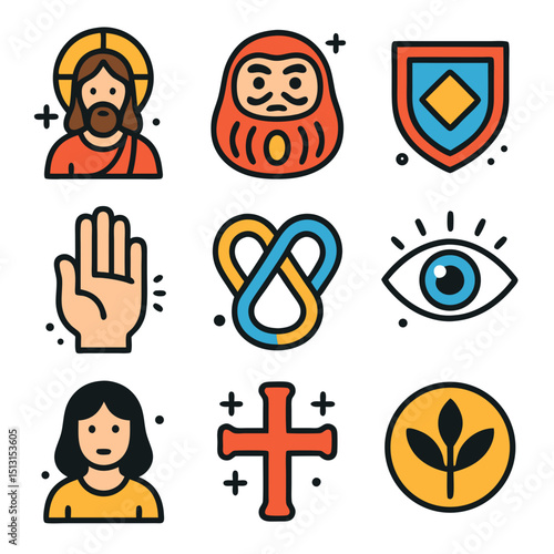Colorful Religious and Cultural Icons Set