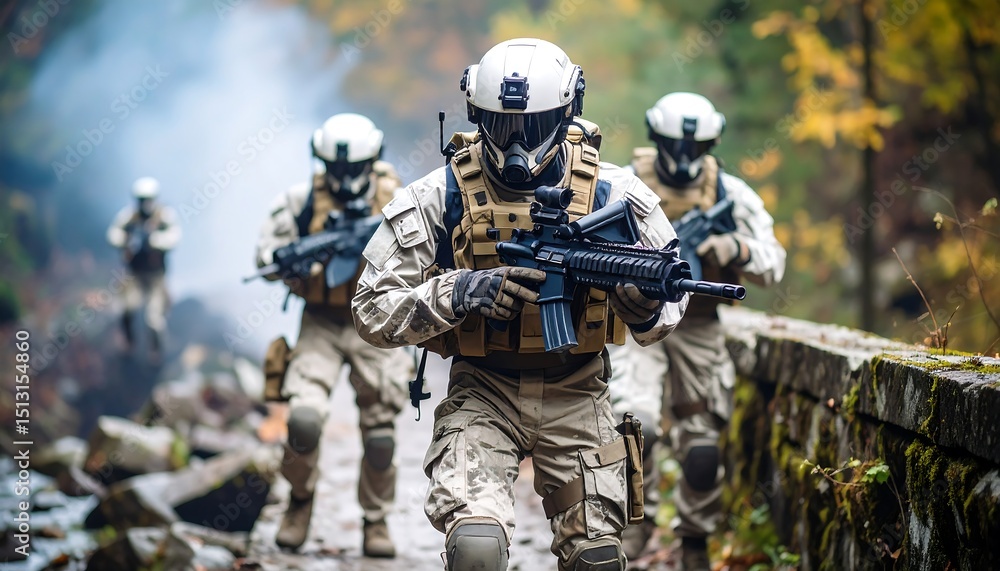 Cybernetic Infantry Unit Holding Ruined Bridge with Tactical Gear Outdoors in Fog Cybernetic Infantry Unit Holding Ruined Bridge with Tactical Gear Outdoors in Fog
