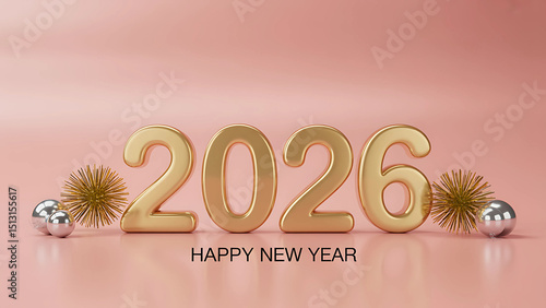 AI Generated image of Happy new year 2026 golden numbers with decorative spheres on pink background
