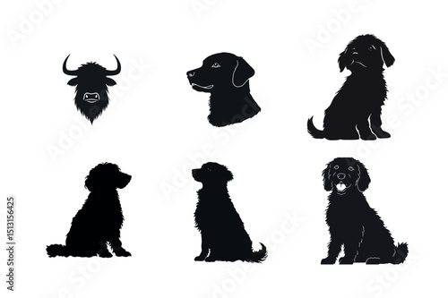Silhouette collection of dogs and yak head