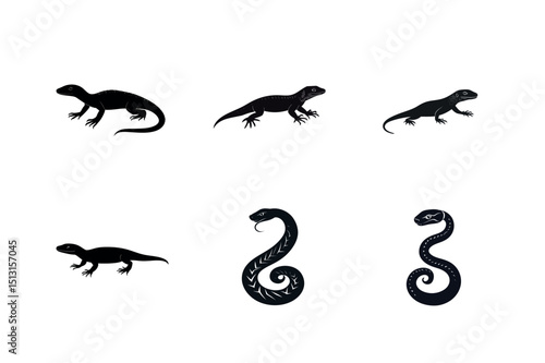 Lizard and snake silhouettes set black and white