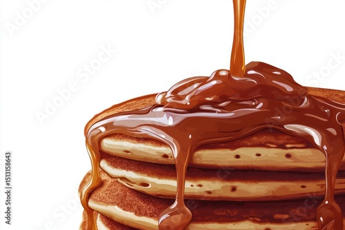 Cutout of caramel sauce drizzling over a stack of pancakes, isolated on a PNG transparent background