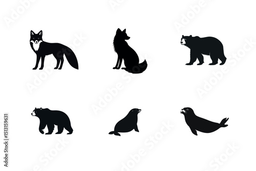 Silhouette set of arctic animals fox bear seal