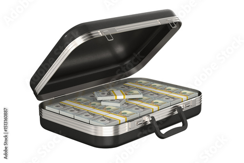 Open leather briefcase with money on white background. Isolated 3D illustration