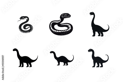 Silhouette illustrations of snakes and dinosaurs