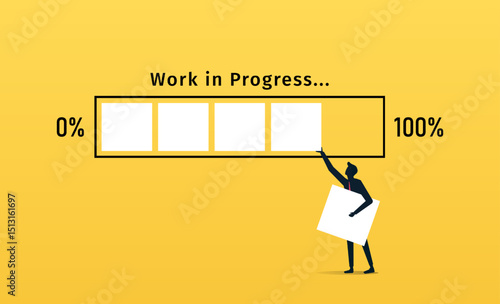 Work In Progress. A man puts last cube to the progress bar, yellow colored background