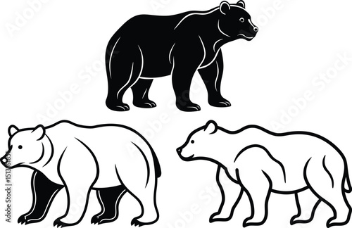 collection of bear silhouettes in various poses including walking, standing, and roaring, black vector shapes on white background, clean cutout wildlife graphics

