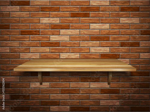 Wooden shelf on brick wall