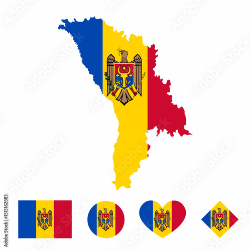 Vector set of Moldova high detailed map flag and national flag round badge isolated on white background.