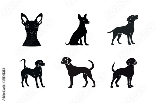 Six dog silhouettes different breeds black and white