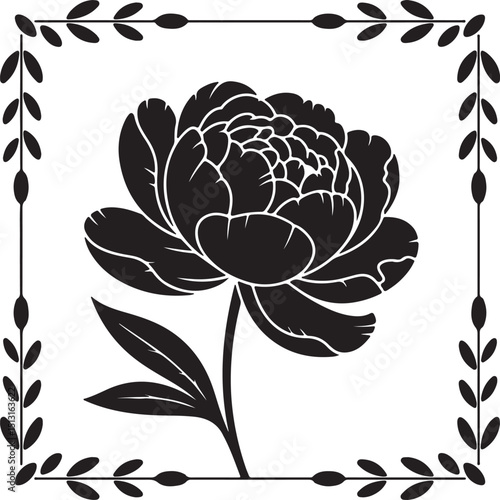 Bold Peony Silhouette with Decorative Leaf Frame in Black and White
