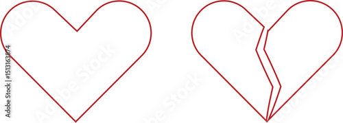 Heartbreak icon set. Broken heart or divorce vector collection isolated on transparent background. Outline drawing broken red hearts line clipart breakup symbol for apps and websites
