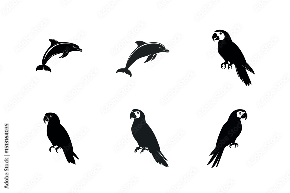 Obraz premium Dolphin and macaw parrot silhouettes set