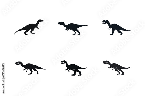 Six black silhouettes of dinosaurs on white