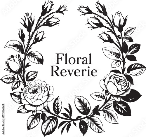 Floral Reverie Black and White Rose Wreath with Text Center