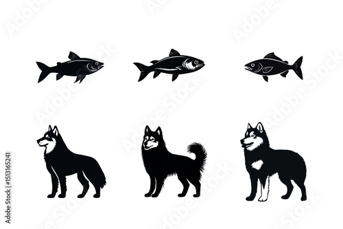 Silhouette illustrations of fish and alaskan malamutes