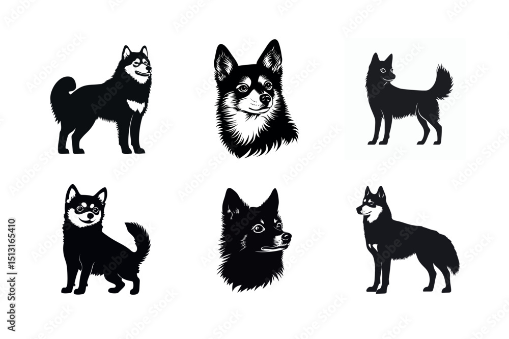 Fototapeta premium Six black and white finnish spitz dog silhouettes